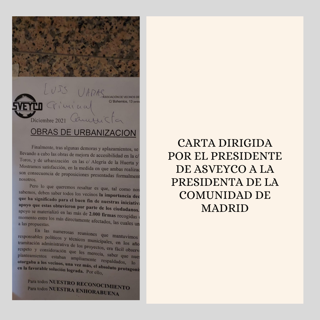 CARTA DIRIGIDA POR EL PRESIDENTE DE ASVEYCO A LA PRESIDENTA DE LA COMUNIDAD DE MADRID